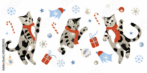 Charming illustration of playful kittens with christmas decorations and winter accessories
