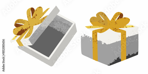Two gift boxes with golden ribbons one open and one closed