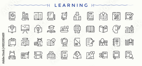 Learning icon set. Contains such icons as school, college, course, training, student, book and more. Course line icon set. Set of line pictogram. Editable vector stroke.