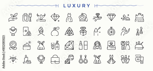 Luxury Goods vector icon set. Minimalist editable vector stroke. Related to fashion, luxury, product, element. Vector illustration. Element related icon set.