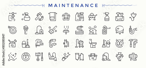 Maintenance line icon set. Tool icon set. Line symbol and sign. Contains such symbols as washing, tools, cleaning, tool, repair, work, industrial and more. Editable vector stroke.