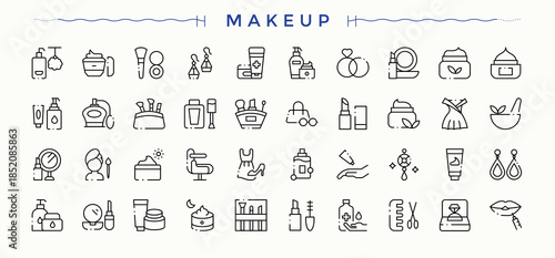 Makeup modern icon set. Makeup icon set. UI icons set in a thin style. Contain linear sign care, health, glamour, beauty and more. Editable stroke. Vector collection.