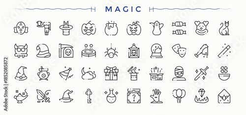 Magic linear icon set. Pictograms of entertainment, magical, wizard, wand and more. Wizard line icon set. Trendy minimal icons. Editable vector art and illustration.