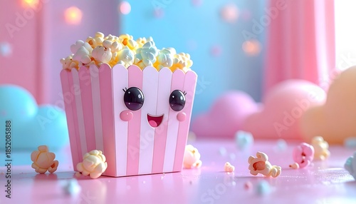 Whimsical cartoon popcorn character with a happy smile in a soft pastel world, 3D illustration