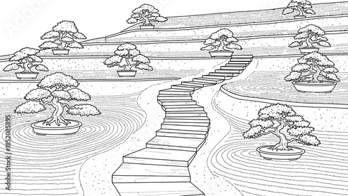 Zen garden coloring page featuring miniature bonsai trees arranged on terraced levels with a stone pathway