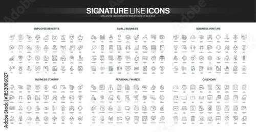 Comprehensive line icon collection covering employee benefits, small business, startup, venture, personal finance, and calendar concepts for modern business needs isolated vector illustration