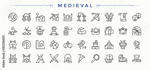 Medieval icon. Minimal linear icons. Contains such symbols as vintage, old, warrior, war, antique, king. Vector illustration. Pixel perfect. Ancient modern icon set.
