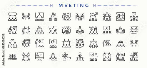 Meeting icon set. Modern icons collection. Contains such icons as conference, brainstorm, communication, agenda, presentation, seminar. Vector illustration. Seminar vector icon set.
