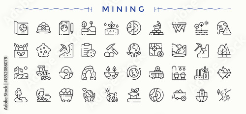 Mining icon set. Underground icon set. Pictograms of miner, industry, underground, mineral, construction, gold, mine and more. Pixel perfect. Vector illustration.