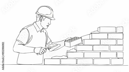 Bricklayer wearing a hard hat carefully laying bricks on a construction site.