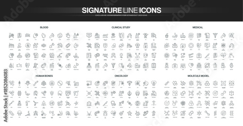 Comprehensive set of thin line icons covering blood analysis, clinical research, medical tools, human bones, oncology diagnostics, and molecular models isolated vector illustration