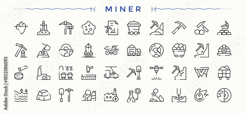 Miner vector icon set. Miner outline icons pack. Thin outline icons pack. Underground icon set. Editable stroke collections.
