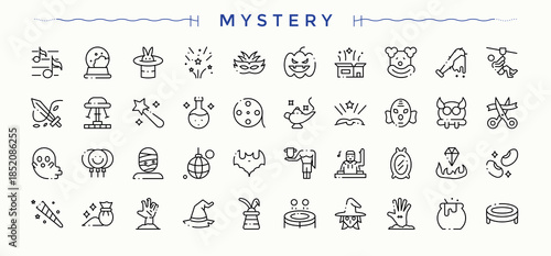 Mystery icon set. Magic simple icon set. Modern vector UI icons. Contain linear sign magic, wizard, miracle, magical, entertainment and more. Vector collections.