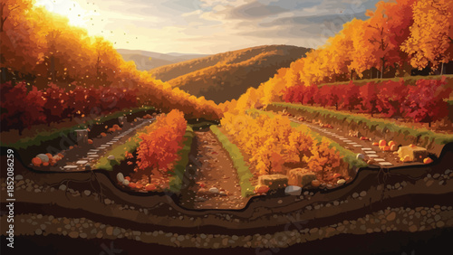 Cross section view of a vibrant autumn orchard showing colorful trees roots and pumpkins on terraced hillsides