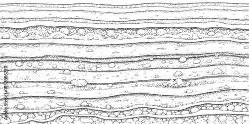 Black and white line art illustration of geological layers with varying sediment composition