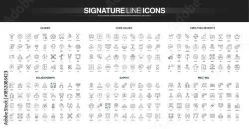 Line style icons set covers career growth, core values, employee benefits, relationships, expertise, and meeting concepts, representing business and personal development isolated vector illustration