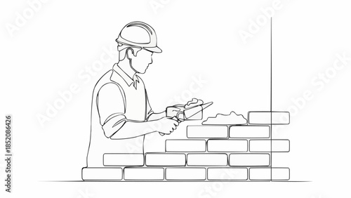 Construction worker building a brick wall with tools and safety helmet.