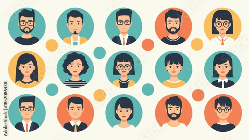 Diverse group of people avatars in a circular frame collection.