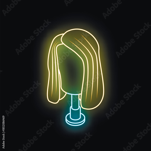 Glowing neon sign representing long blond wig on mannequin head, perfect for hair salon or barbershop advertising