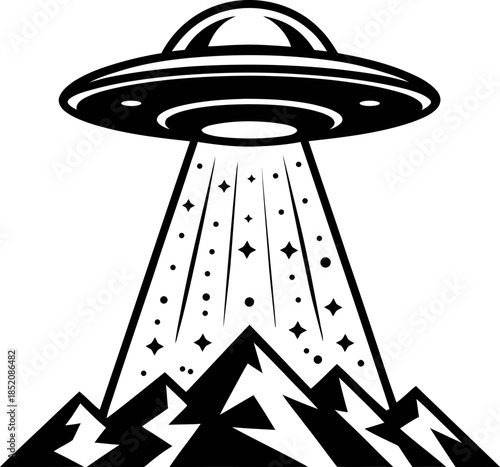 Vintage UFO Alien Spacecraft Abduction over Mountain Peaks Illustration