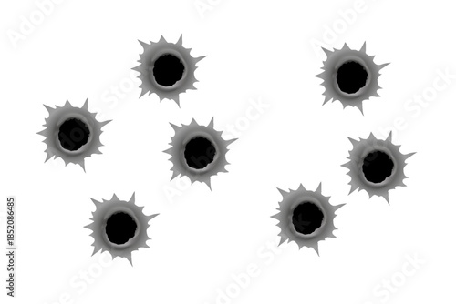 Bullet holes group, fractured circle in metallic material, torn damage holes