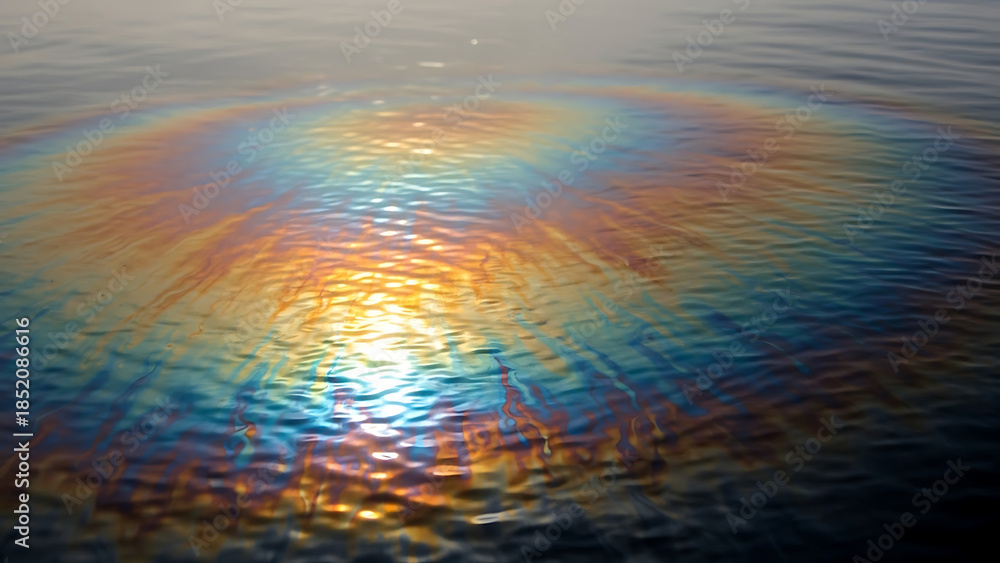 Fototapeta premium Colorful oil slick on the water surface reflecting sunlight creating a beautiful iridescent sheen