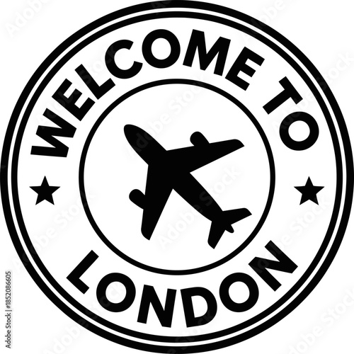 Welcome to London Retro Travel Stamp with Airplane Silhouette and Stars