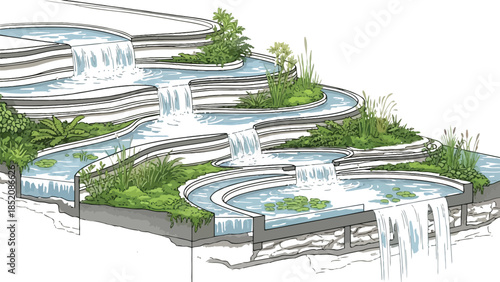 Detailed cross section illustration of a multi tiered cascading water garden and natural landscape design