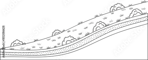 Diagram illustrating layered geological strata and surface vegetation on a simple inclined slope cross section