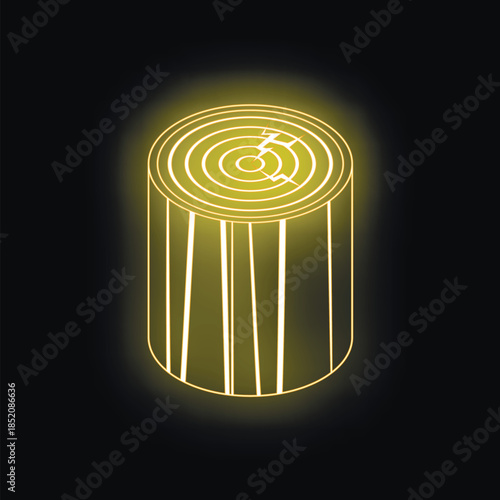 Neon yellow glowing wood log with cracks on black background representing renewable energy and deforestation