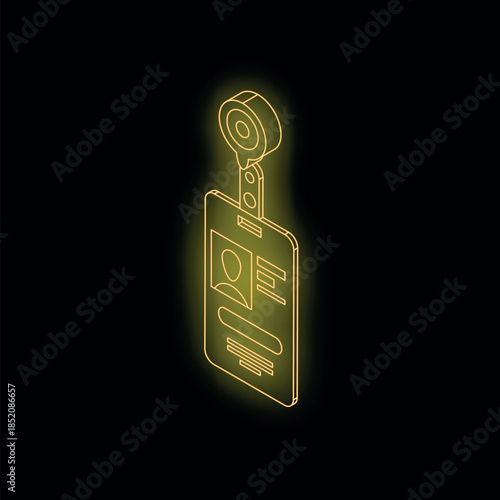 Neon id card hanging with personal information and photo, representing identification and access