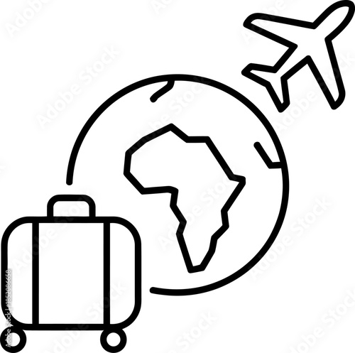 Global Travel Icon with Airplane Globe and Suitcase Line Art Illustration