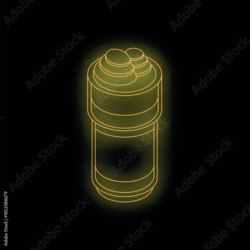 Purifying liquid with glowing neon yellow water filter cartridge on black background