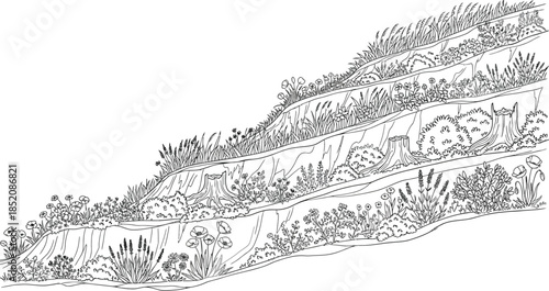 Black and white illustration depicting various plants and tree stumps stabilizing a natural hillside terraced slope