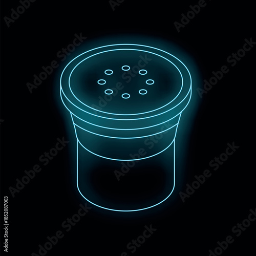 Bright neon blue isometric outline of a salt or pepper shaker glowing on a black background