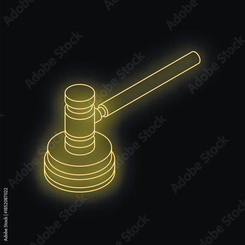 Neon yellow outline of judge's gavel hitting sound block, representing law, justice, and court decisions