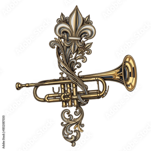 Ornate trumpet illustration with floral design and vintage style  