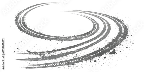 Dynamic dirty tire tracks creating a curved path with scattered debris on white background