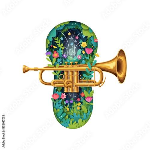 Brass trumpet with colorful floral garden and magical sparkles  