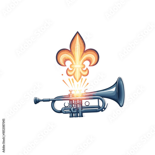 Glowing fleur-de-lis emerging from trumpet bell in vibrant colors  