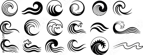 Set of Minimalist Ocean Wave Icons and Abstract Sea Surf 