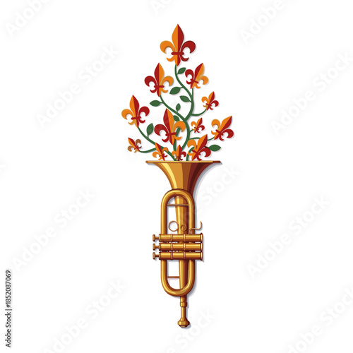 Fleur-de-lis vine growing from an ornate vintage trumpet horn  