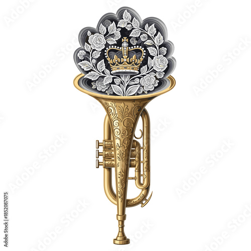 Engraved trumpet with royal insignia and floral design  
