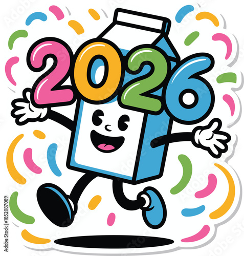 Happy milk carton mascot character dancing with colorful 2026 numbers and confetti
