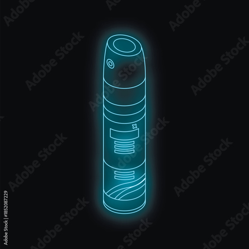 Glowing blue neon spray can on a dark background, representing a modern and futuristic concept of hygiene products