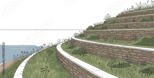 Architectural drawing of a curved retaining wall system with native grasses alongside a calm body of water