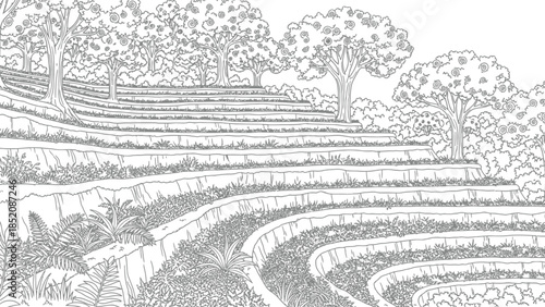 Beautiful black and white coloring page depicting lush terraced fields leading up to a dense forest canopy