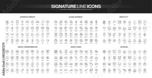 Comprehensive line icon set covers business, global operations, smart city, digital transformation, supply chain, and network concepts for modern enterprise isolated vector illustration