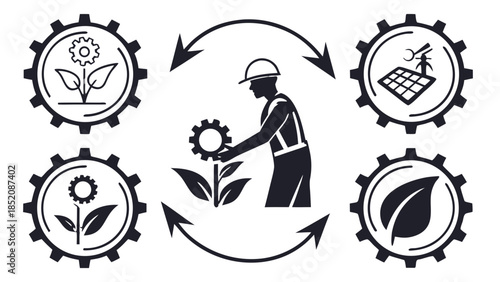 Green Energy Worker, Sustainable Industry Gears, Renewable Power Icons,  A black line art illustration with a central worker figure nurturing a plant with a gear. This figure is surrounded 