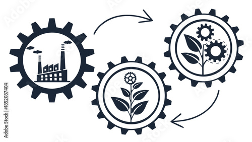 Industrial Transformation, Factory to Green Plant Gears, Sustainable Process, A black line art flowchart showing the transformation of an industrial factory into a sustainable, plant-based system.